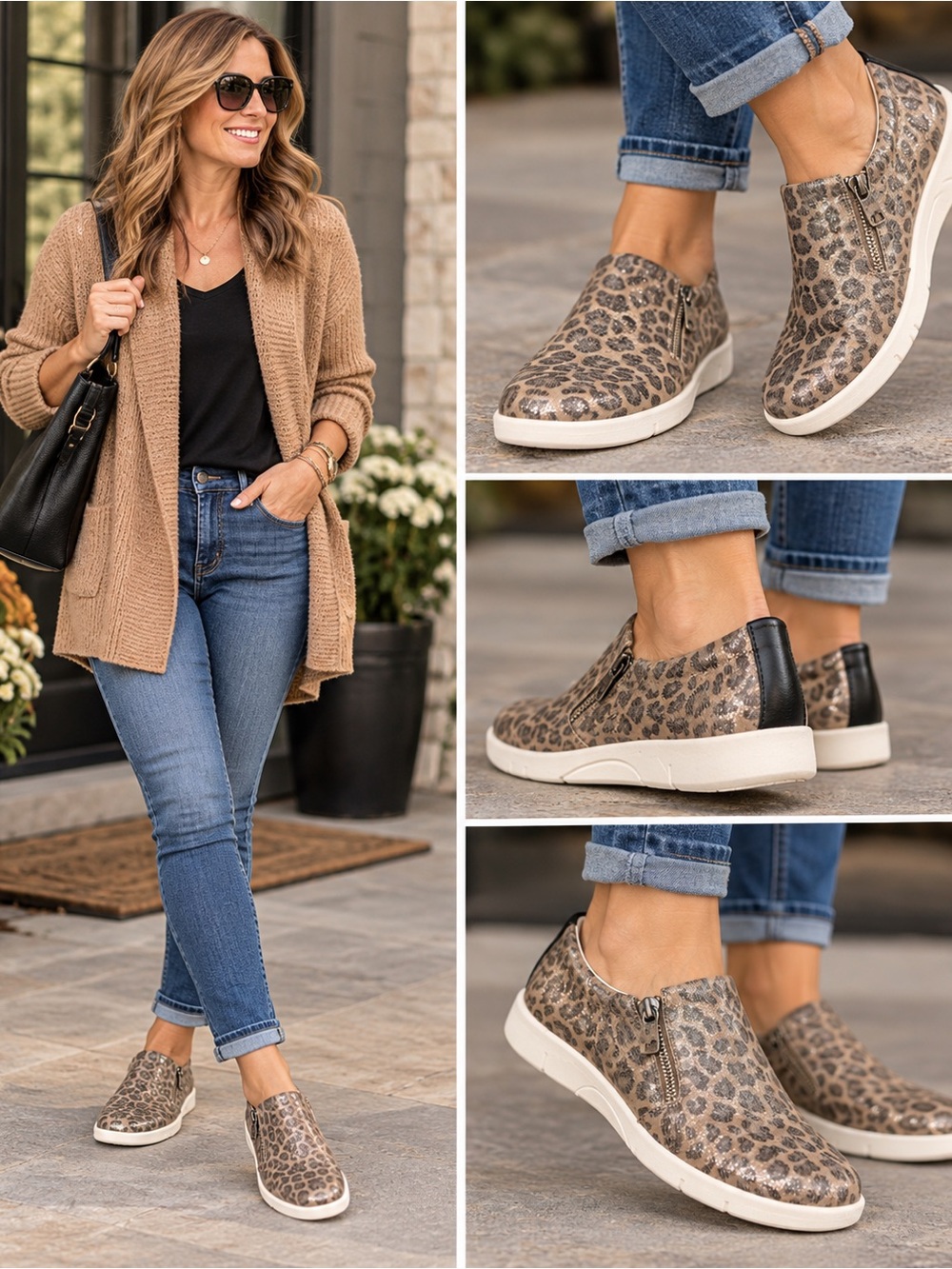 Johnston & Murphy Women’s 9M Metallic Shimmer Leopard Side Zip Slip On Sneakers